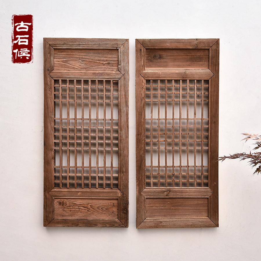花格老旧实木窗户窗棂雕花窗铜钱中式木雕红杉木怀旧仿古挂件背景