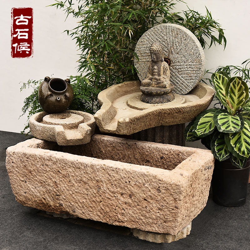 庭院老石槽水景摆件户外造景流水景观石头鱼缸石器水缸花园旧石缸