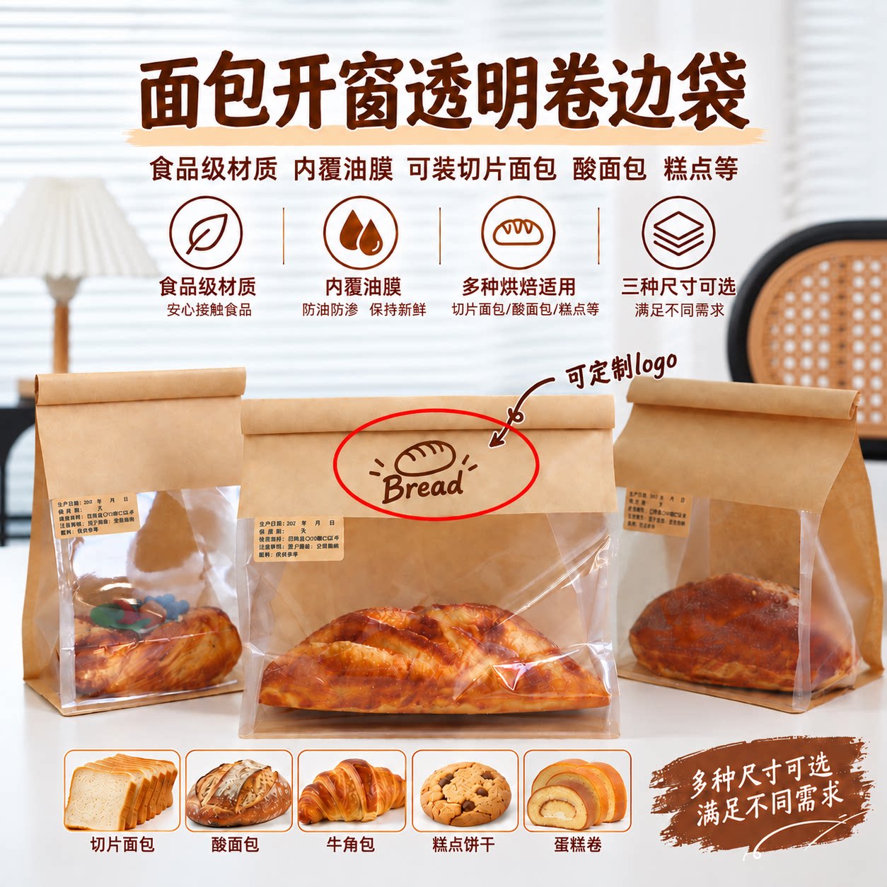 大号吐司面包透明开窗本色卷边袋图片