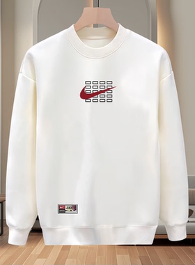 休闲简约男装宽松型圆领套头卫衣男长袖宽松百搭休闲上衣白色