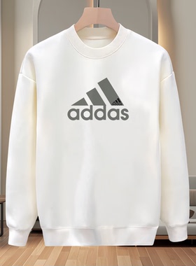 男士印花宽松型白色圆领卫衣长袖套头潮牌运动休闲上衣打底衫