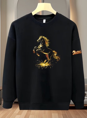 秋冬季国潮风黑色马图案印花圆领卫衣男加绒长袖潮流上衣打底衫