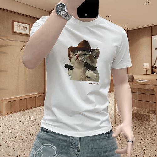 猫咪印花短袖T恤男白色圆领百搭潮流宽松上衣
