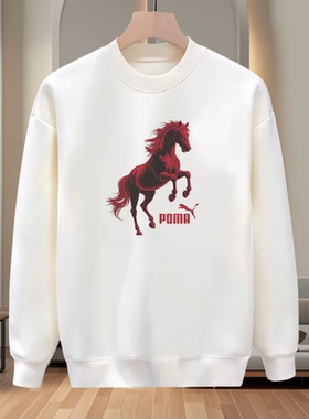 长袖休闲秋冬季潮牌印花圆领卫衣男白色套头重磅百搭上衣打底衫