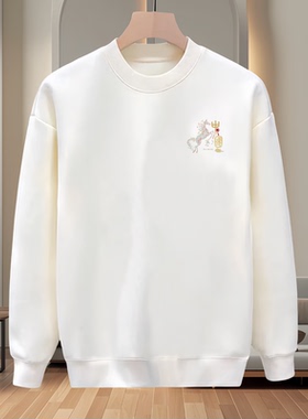 重磅休闲套头宽松型圆领卫衣男宽松刺绣白色长袖上衣潮牌打底衫