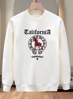 休闲风中式印花圆领卫衣男童白色长袖套头百搭休闲上衣打底衫