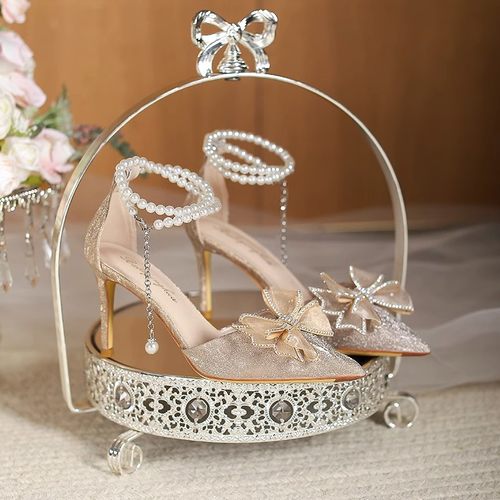 银色大码高跟鞋女夏季2023年新款伴娘18岁成年礼婚纱水晶新娘婚鞋