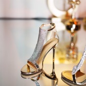 女夏凉鞋 一字带水钻高跟凉鞋 女细跟性感不累脚银色名媛2023年新款