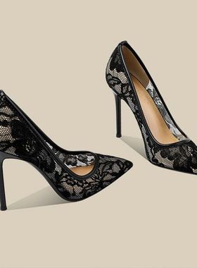 欧美外贸女鞋透视性感黑色蕾丝夜店男士反串表演走秀超细高跟单鞋