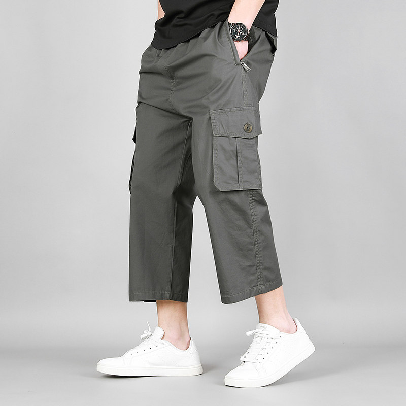 夏季新品防丢拉链口袋薄款纯棉过膝八分裤男工装裤爸爸短裤中老年