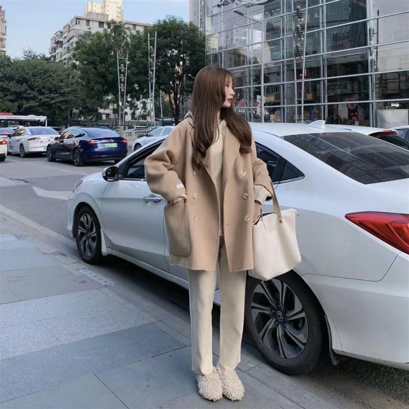 韩国chic早秋冬季大口袋宽松赫本风小个子西装领中长款呢子大衣女