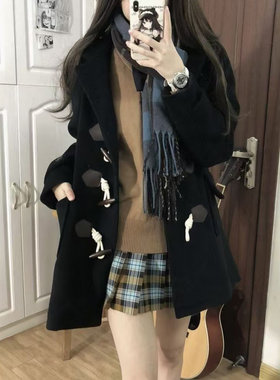 登风日系连帽牛角扣呢子大衣秋冬