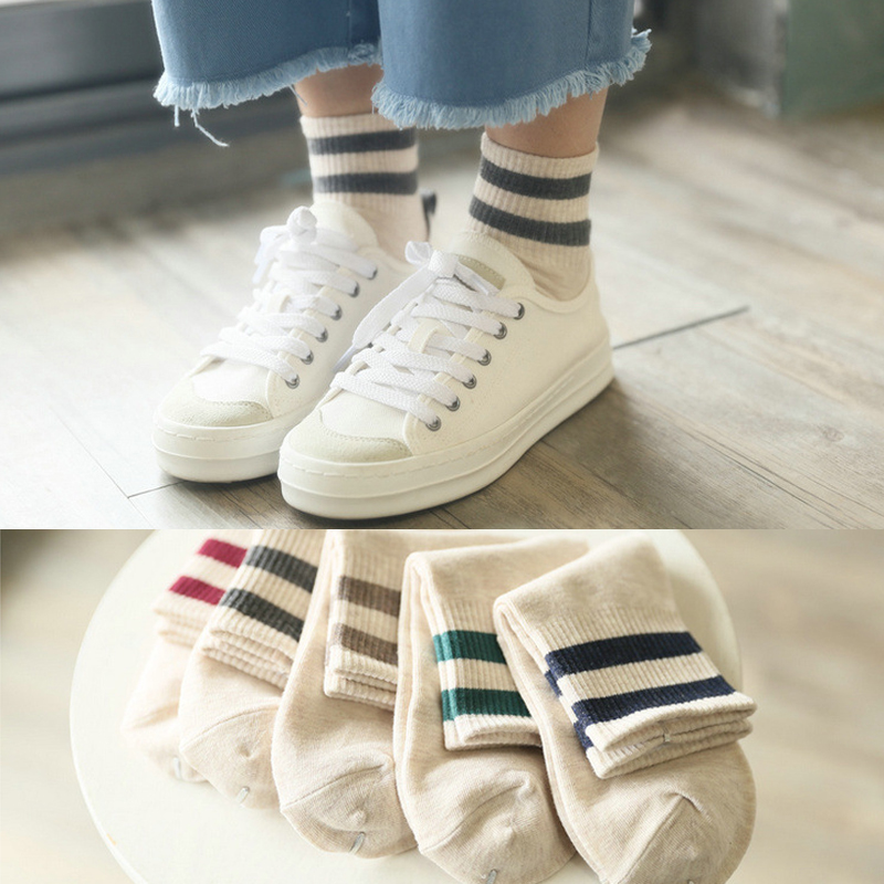 两条杠袜子女士春秋款米色中筒袜日系可爱秋冬季纯棉韩系运动短袜