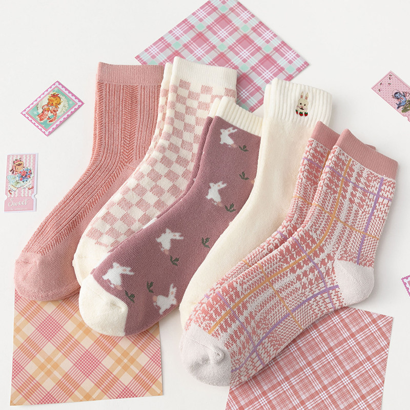 女士毛圈袜子秋冬季加厚款保暖中筒袜甜美粉色千鸟格子兔子纯棉潮,女士内衣/男士内衣/家居服,中筒袜,淘宝优惠券,粉丝福利购,淘宝优惠卷