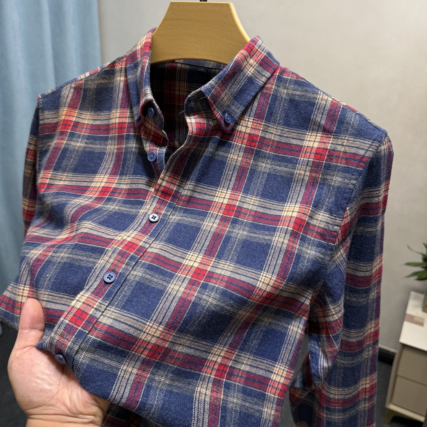 纯棉磨毛格子衬衫男长袖秋冬季中青年男士扎染渐变色外搭爸爸衬衣
