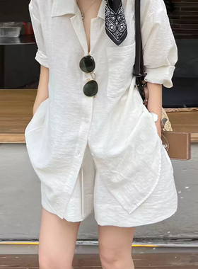 老钱风白色亚麻短裤女夏薄款2026新款度假休闲宽松棉麻阔腿五分裤