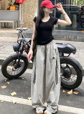 灰色美式刺绣条纹速干工装裤女夏季2026年新款宽松束脚休闲运动裤