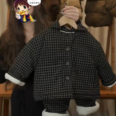 男童家居服棉衣冬装儿童韩版格子棉服棉裤女童棉袄加厚睡衣套装潮