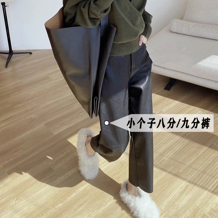 145xs八分黑色直筒pu皮裤女秋冬高腰宽松小个子150九分阔腿休闲裤,女装/女士精品,休闲裤,淘宝优惠券,粉丝福利购,淘宝优惠卷