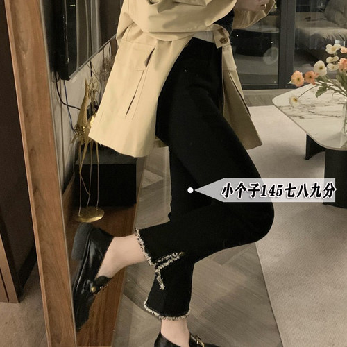 小个子搭配145七分拼接开叉牛仔裤女秋冬高腰显瘦八分直筒烟管裤s