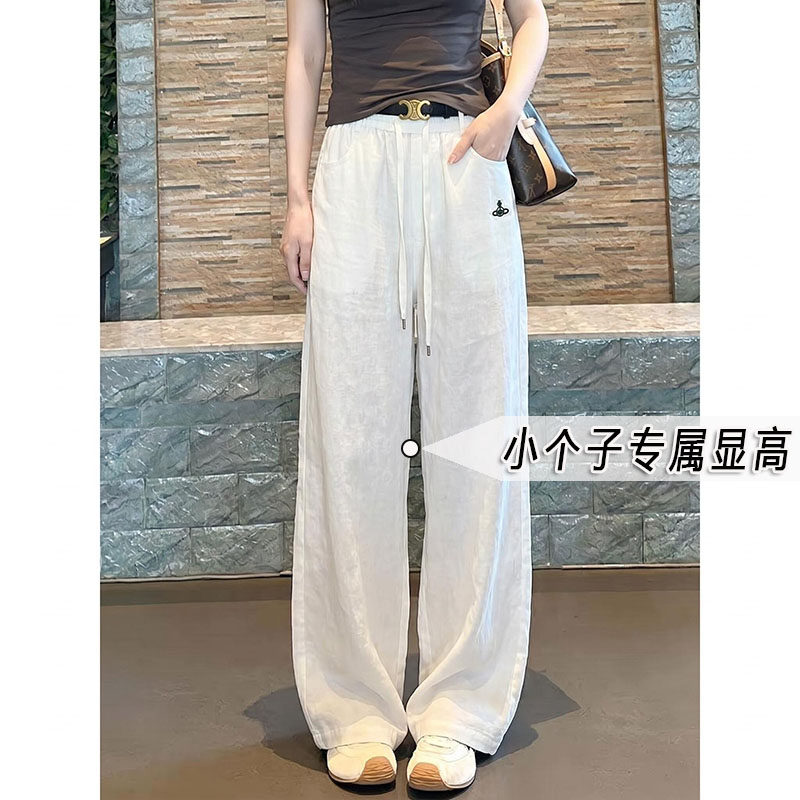 慵懒风白色棉麻直筒休闲裤女夏薄款小个子九分显高宽松窄版阔腿裤图片