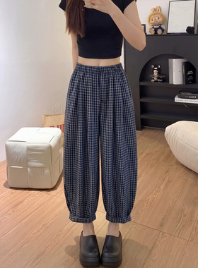 150小个子格子哈伦萝卜裤女夏款高腰九分显瘦宽松九分气球奶奶裤s