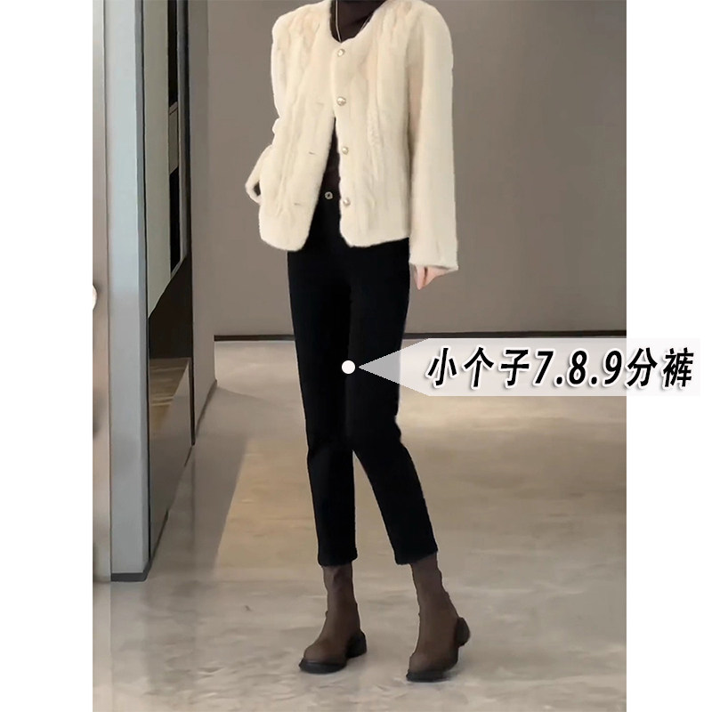 小矮个子145七分黑色烟管直筒裤女秋冬季加绒高腰九分弹力牛仔裤s