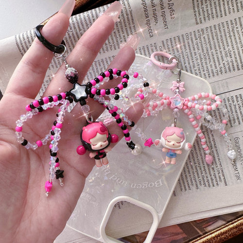 泡泡玛特正版萌粒DIY手工串珠双层蝴蝶结手机链包挂钥匙扣礼物INS