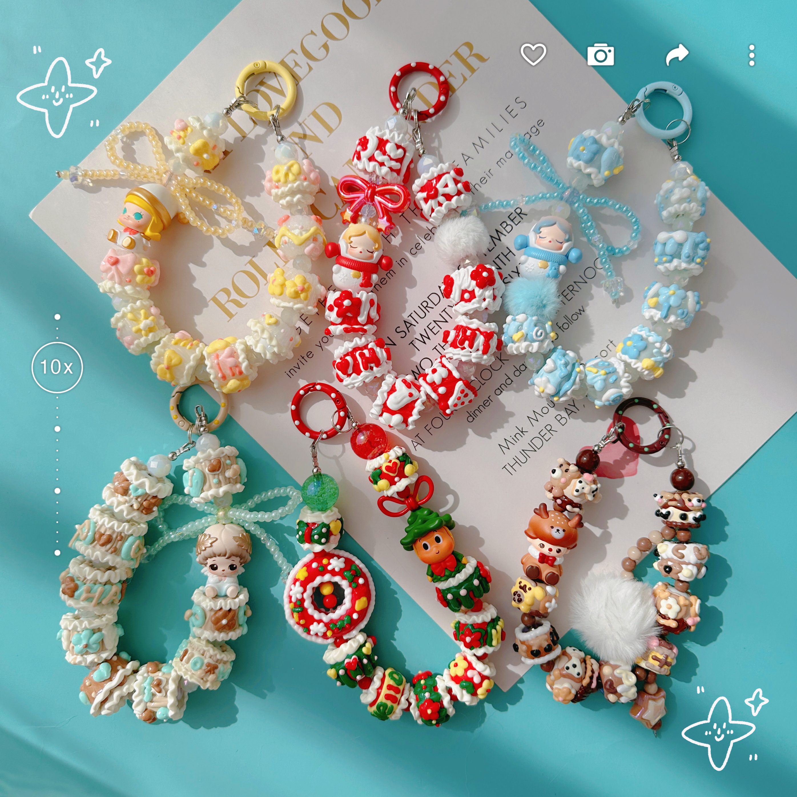 正版泡泡玛特圣诞萌粒厚油手绘珠串珠手机链钥匙扣包包挂件礼物