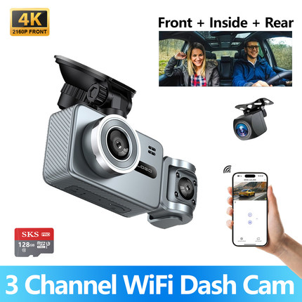 4K 3-Lens Car DVR Dash Cam Recorder WiFi 24h Parking Monitor