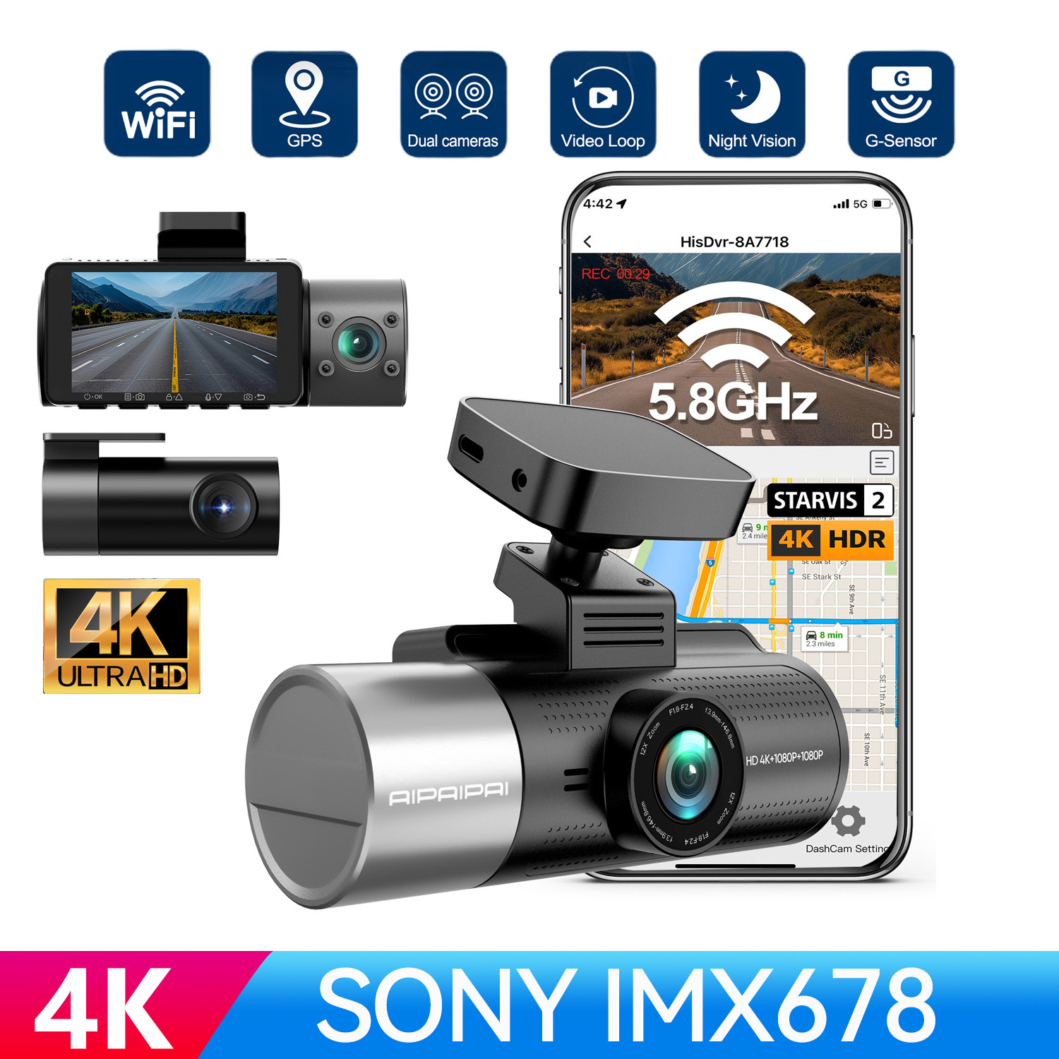 4K SONY IMX678 Dash Cam Recorder WiFi GPS Tracking STARVLS2