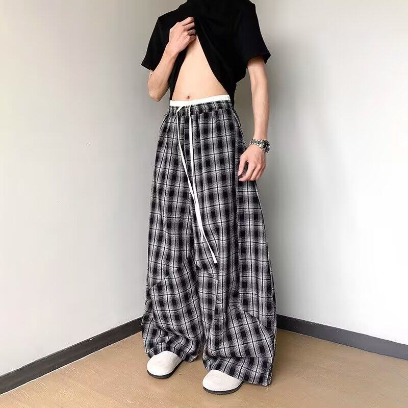 复古慵懒风双腰头拼接格子裤男女