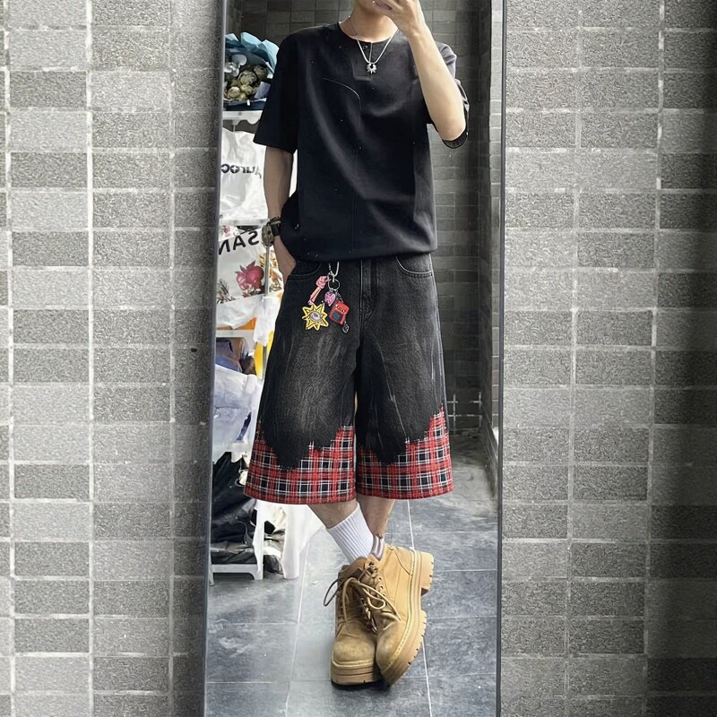 破坏感格纹拼接牛仔七分裤男款