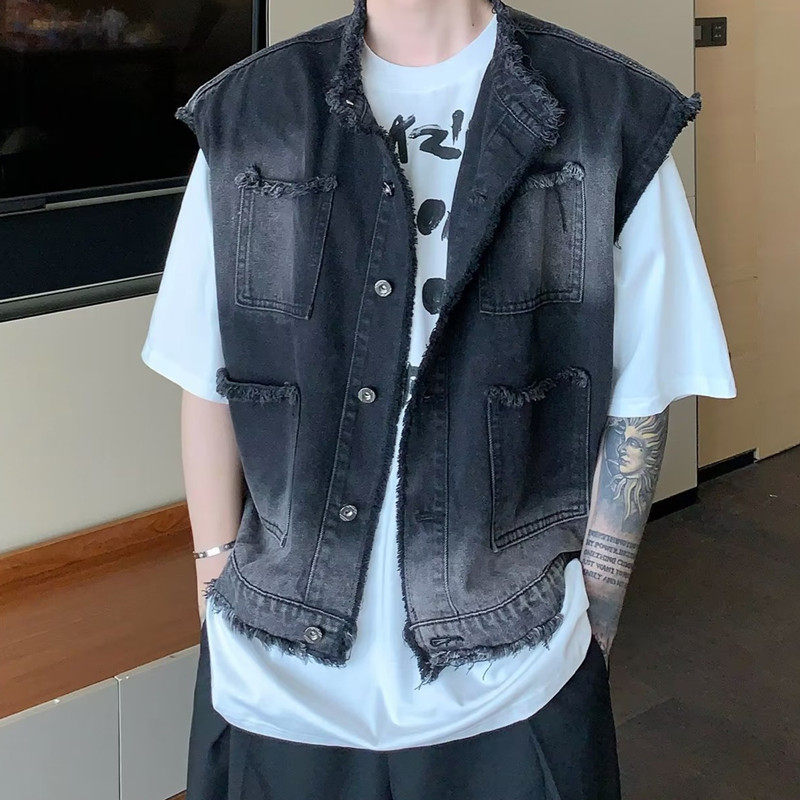 THE KOREAN VERSION OF THE RUFFIAN NICHE DESIGN SENSE RAW DENIM VEST JACKET MENS RETRO LAYERED SHOULDER PADS SLEEVELESS VERSATILE TOP