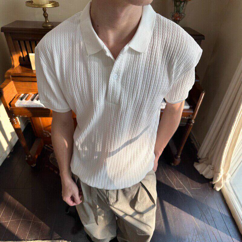 亨利领男士polo衫2026新款夏季痞帅风静奢竖条纹浮雕短袖男款t恤