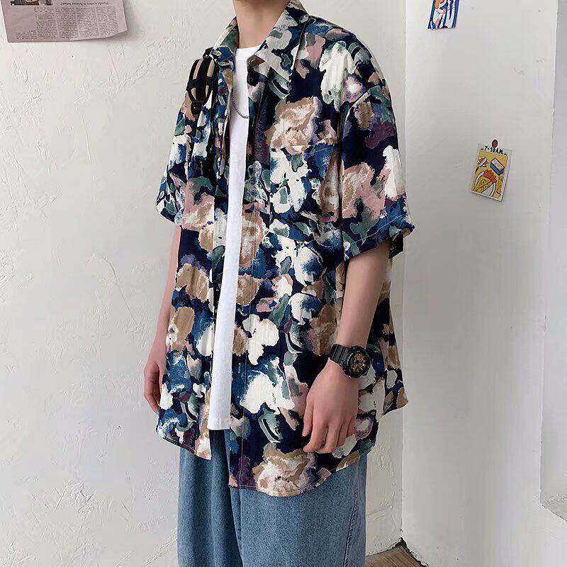 ins潮牌油画花卉短袖衬衫男夏季
