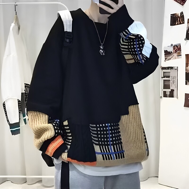 复古拼色格子毛衣男潮牌小众拼接