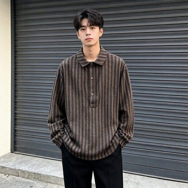 美拉德棕色条纹衬衫男春季慵懒