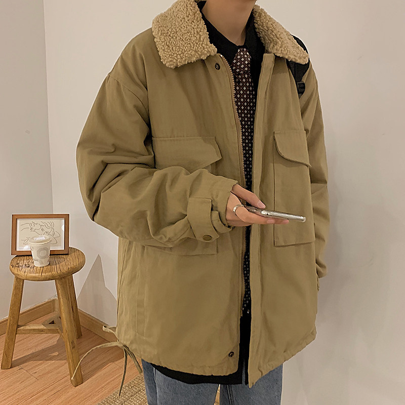 古着vintage港风工装棉衣复古oversize宽松翻领羊羔毛加厚棉服冬