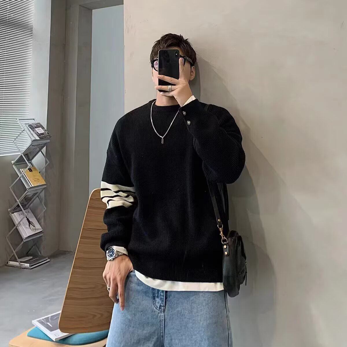 美式复古条纹毛衣男款秋冬季高级感痞帅潮牌宽松休闲针织衫上衣服