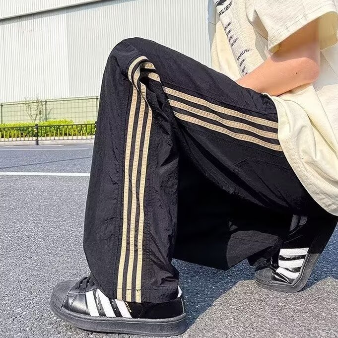 黑色条纹裤子男款冰丝速干登山裤cleanfit美式高街直筒工装休闲裤