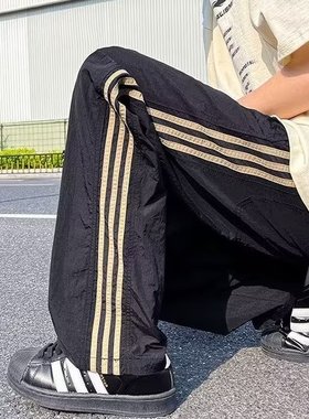 黑色条纹裤子男款冰丝速干登山裤cleanfit美式高街直筒工装休闲裤