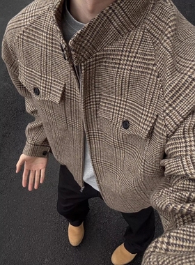 oclin美式复古千鸟格外套男秋冬款高级感老钱风立领哈灵顿夹克男