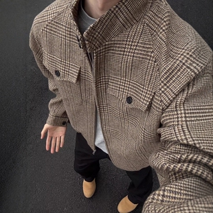 oclin美式复古千鸟格外套男秋冬款高级感老钱风立领哈灵顿夹克男
