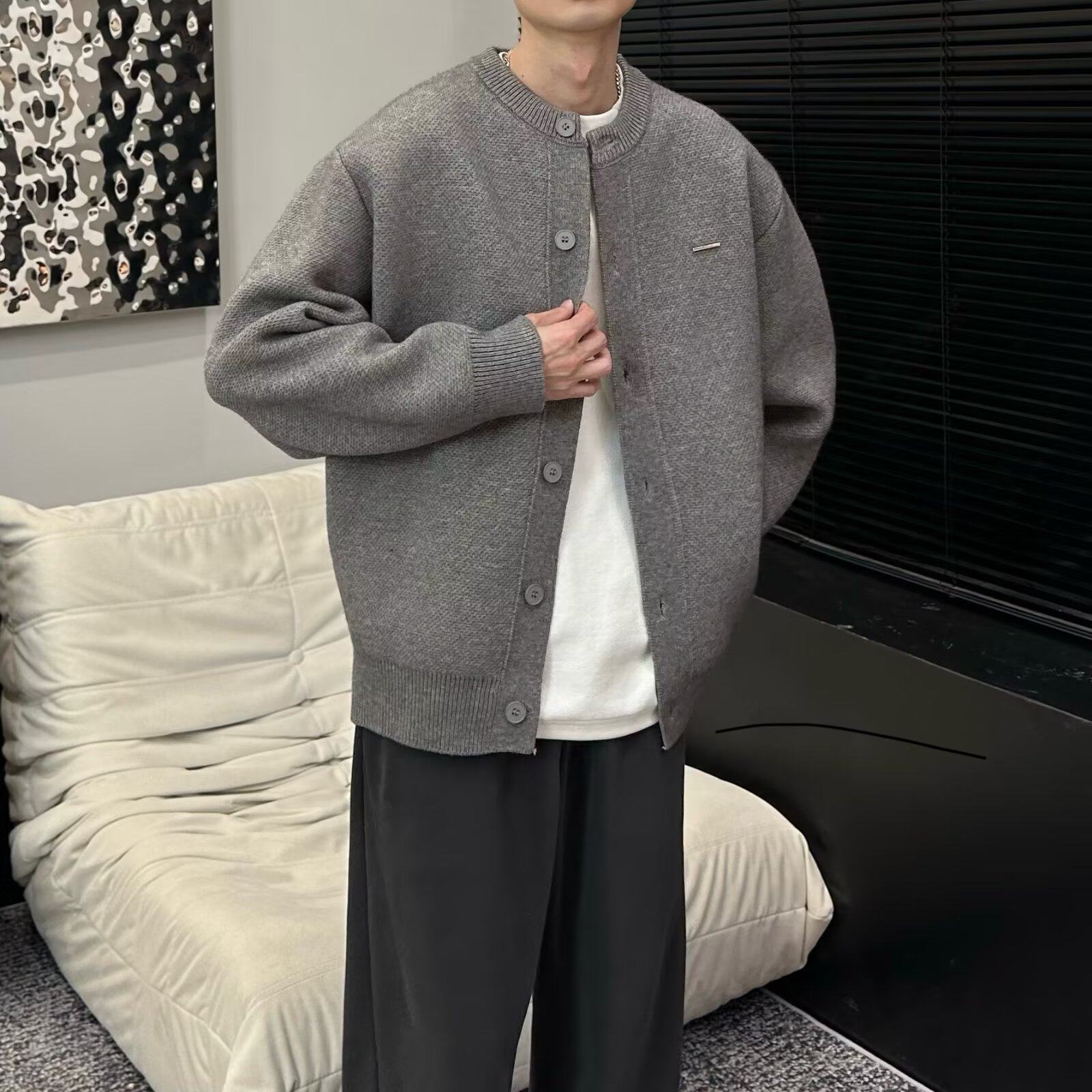灰色高级感开衫毛衣男女秋冬韩系穿搭街头复古宽松休闲针织衫外套