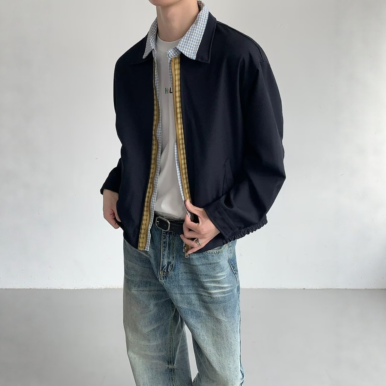 美式复古假两件格子衬衫领夹克男女款春秋季潮牌宽松休闲百搭外套