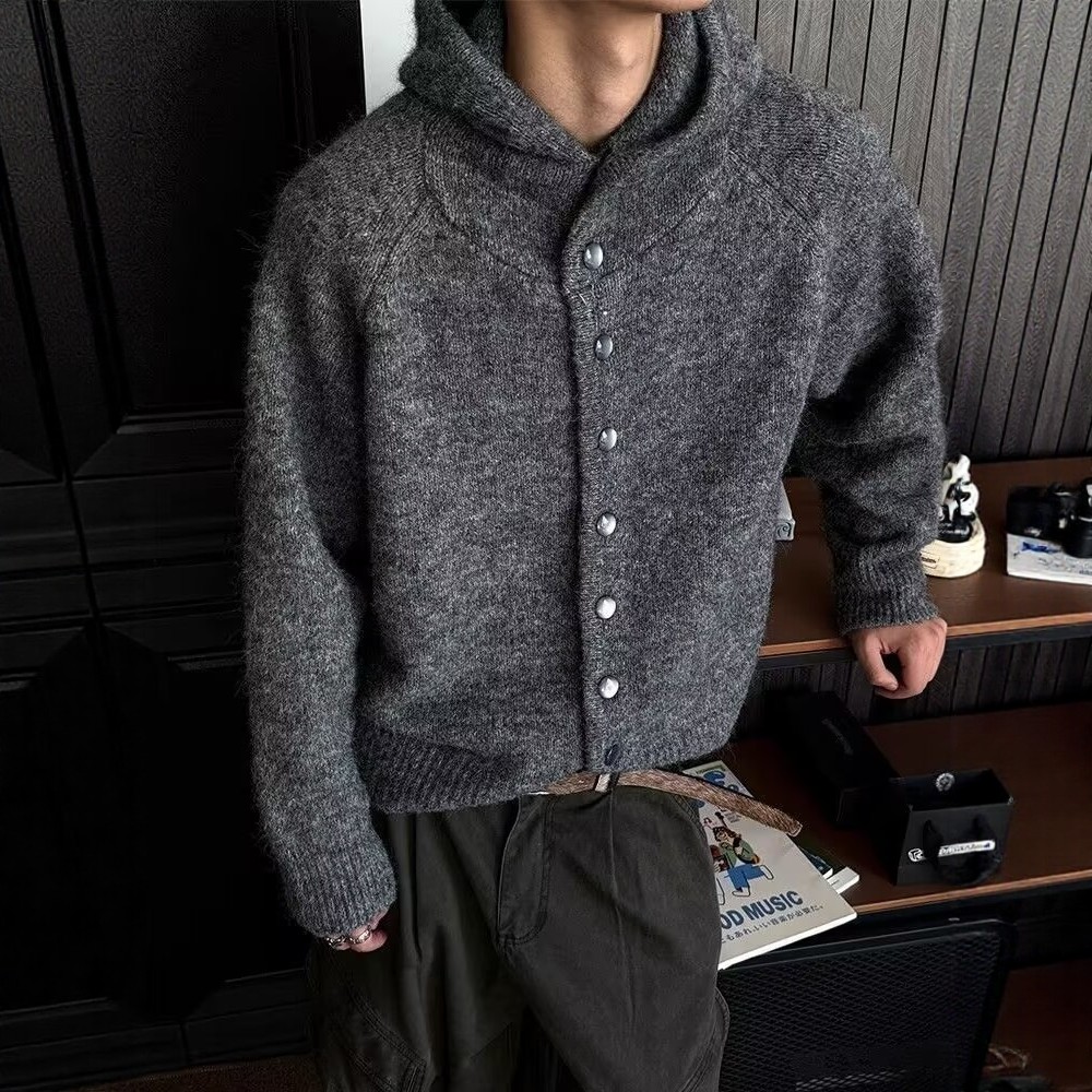 咖色老钱风连帽开衫毛衣男秋季美式慵懒风针织衫cleanfit休闲外套