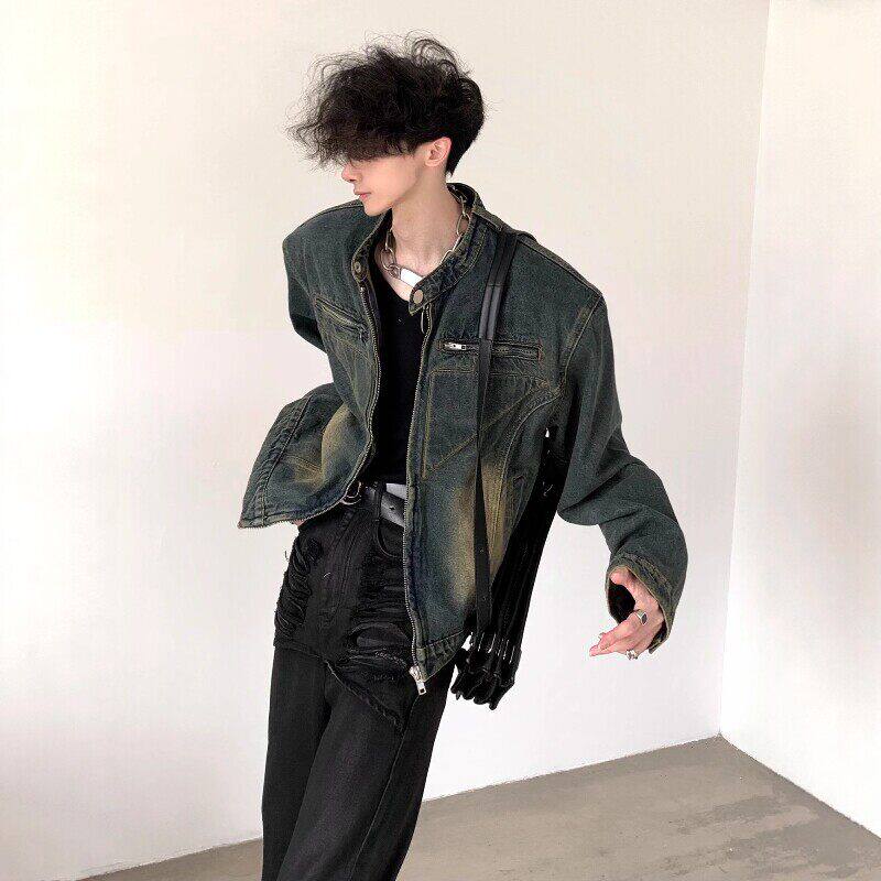 秋季新款高街牛仔外套男 小众设计立领垫肩做旧水洗短款夹克