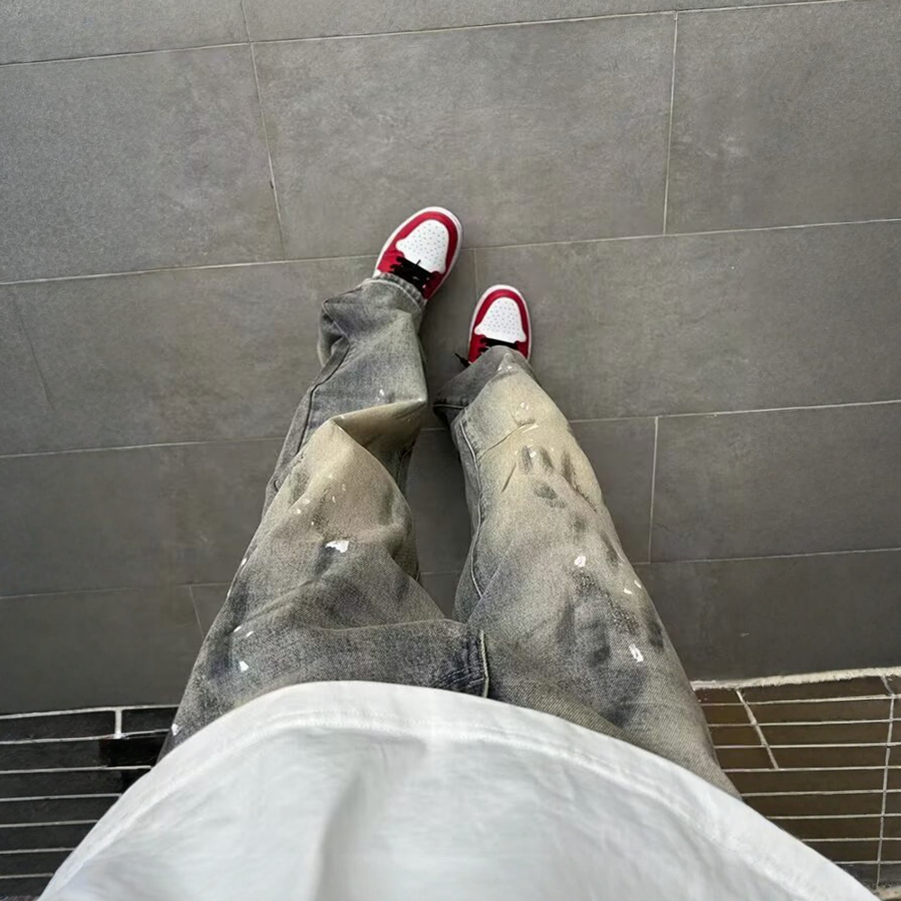 灰蓝色水洗脏染泼墨设计牛仔裤男款国潮街头痞帅宽松直筒休闲长裤