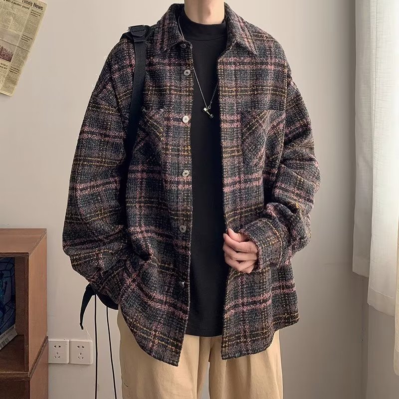 毛呢外套男冬季加厚潮牌小香风上衣秋冬古着vintage高街呢子夹克